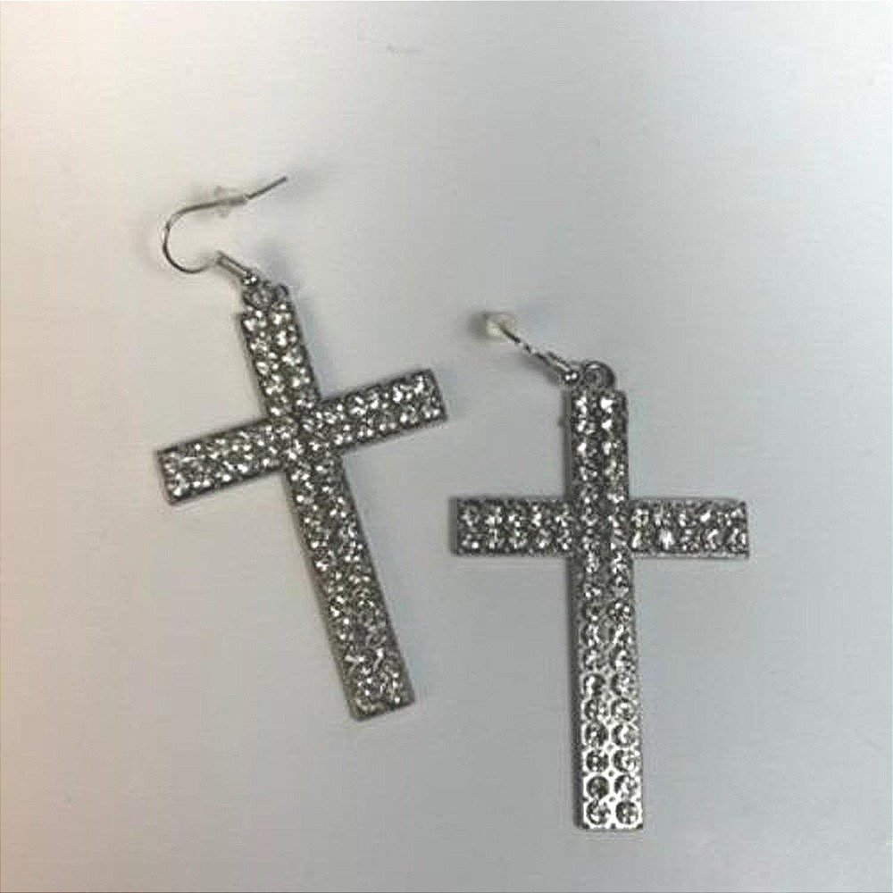 Cross Earrings Silver Rhinestone Statement Goth Y2K Streetwear Boho Chic - Picture 2 of 6